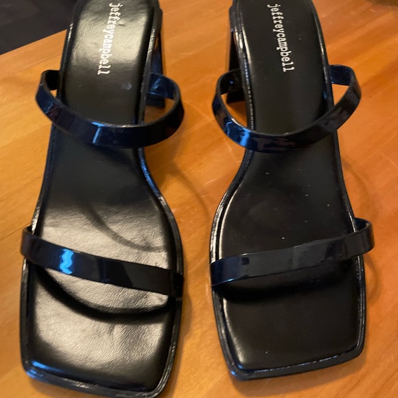 Jeffrey Campbell Black Patent 2 Strap Slide Block Heel Sandals - Picture 3 of 10